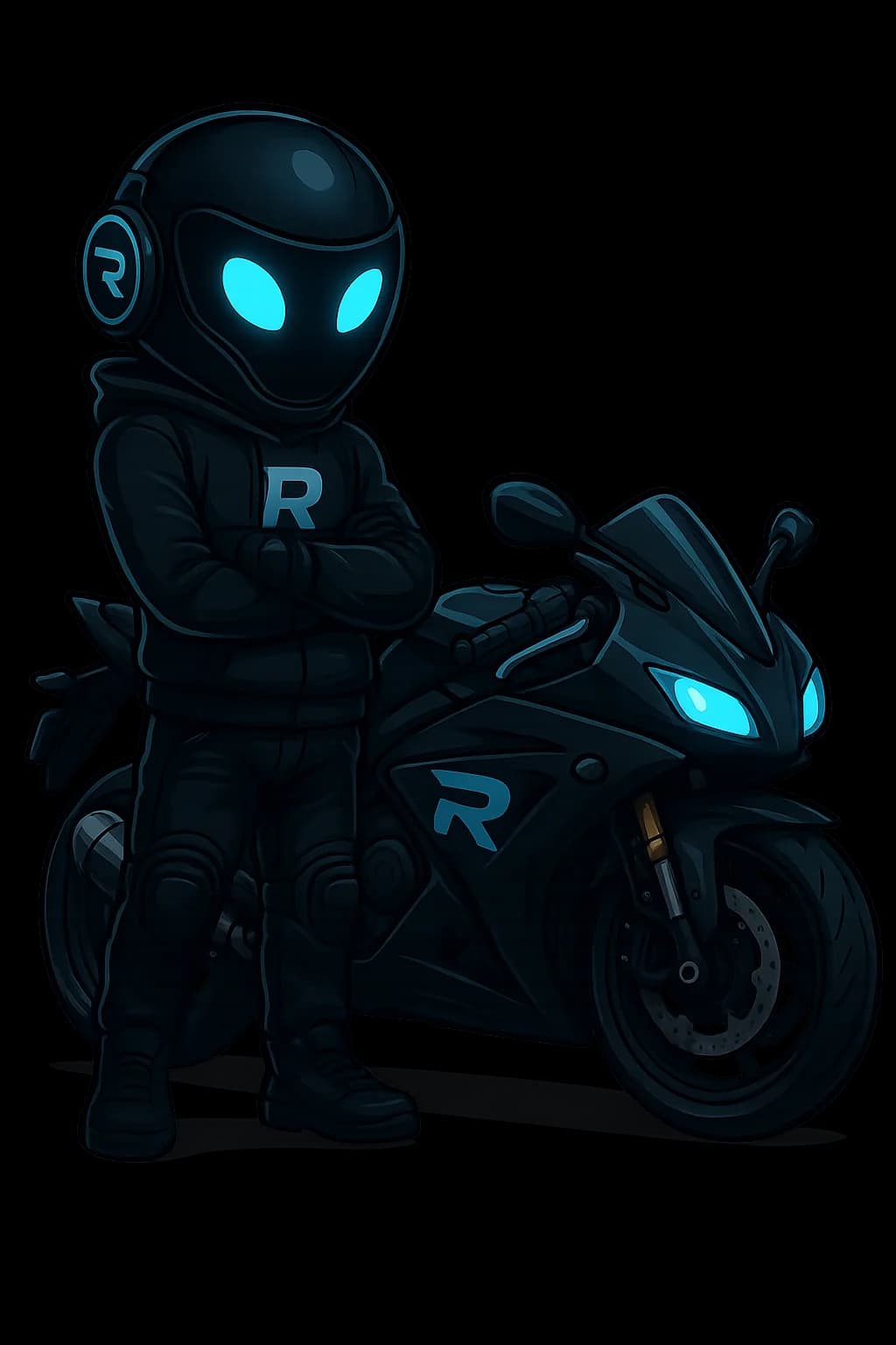 Raemon AI guardian character standing next to motorcycle representing safety technology and rider protection